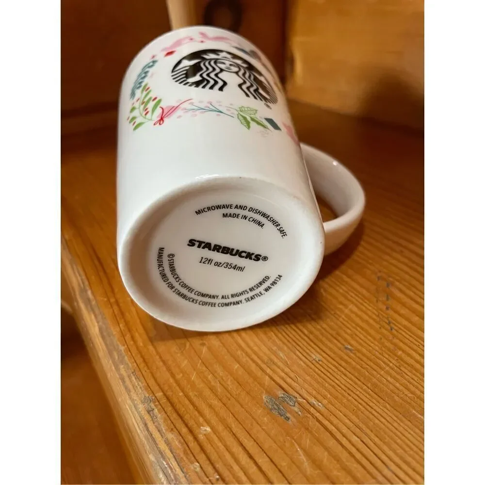 Starbucks Christmas Holiday Coffee Mug Cup Pink Doves Holly Presents Siren 12 oz